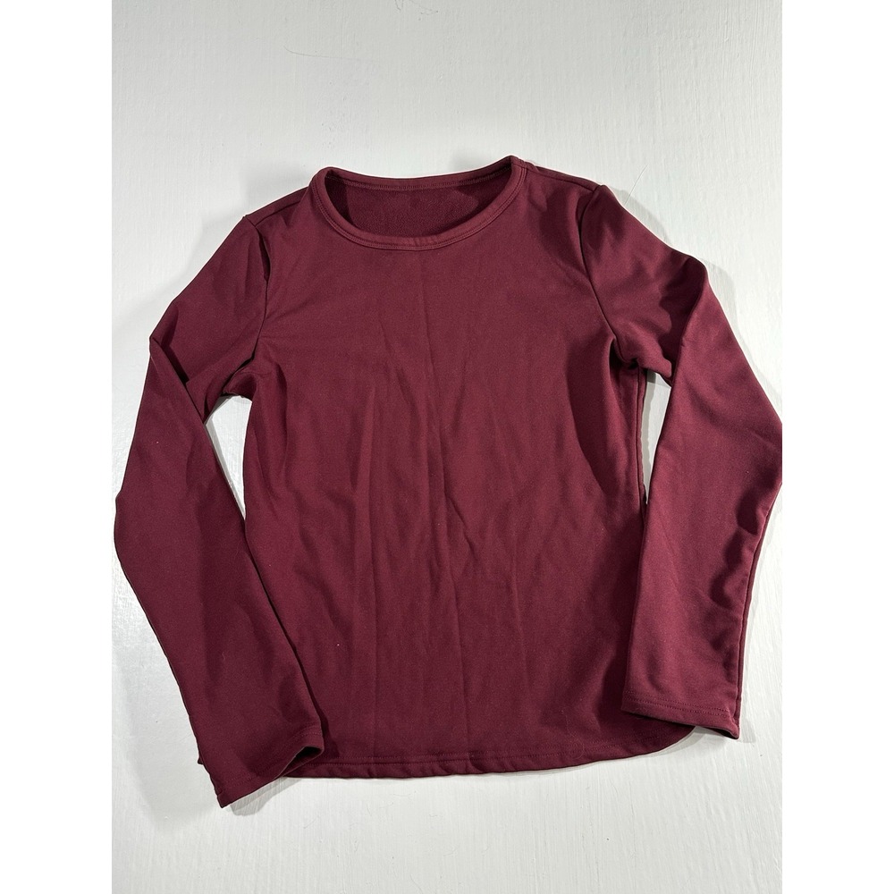 Women's Burgundy Long Sleeve Crewneck Top Stretch Basic Casual Shirt